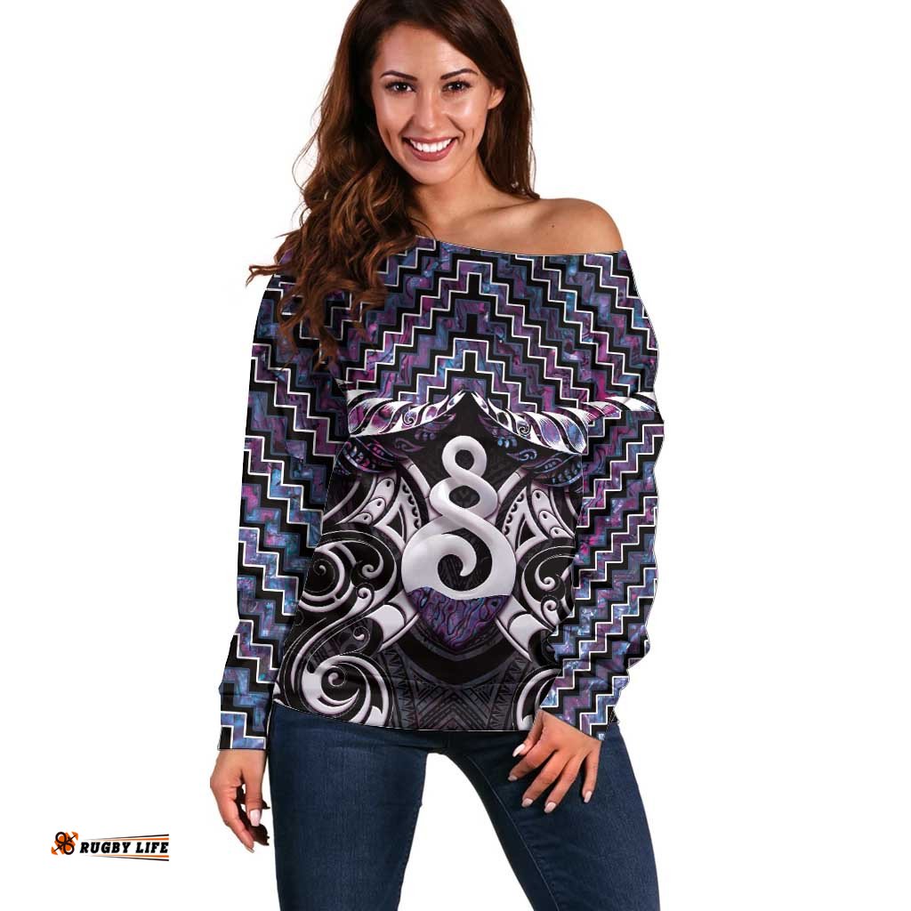 New Zealand Maori Off Shoulder Sweater Poutama Pikorua Purple Paua Shell LT05