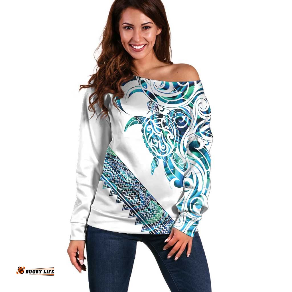 Kahui Whetu Paua shell Kowhaiwhai Taniko Personalised Off Shoulder Sweater Turtle Tattoo Maori Tribal Style LT9