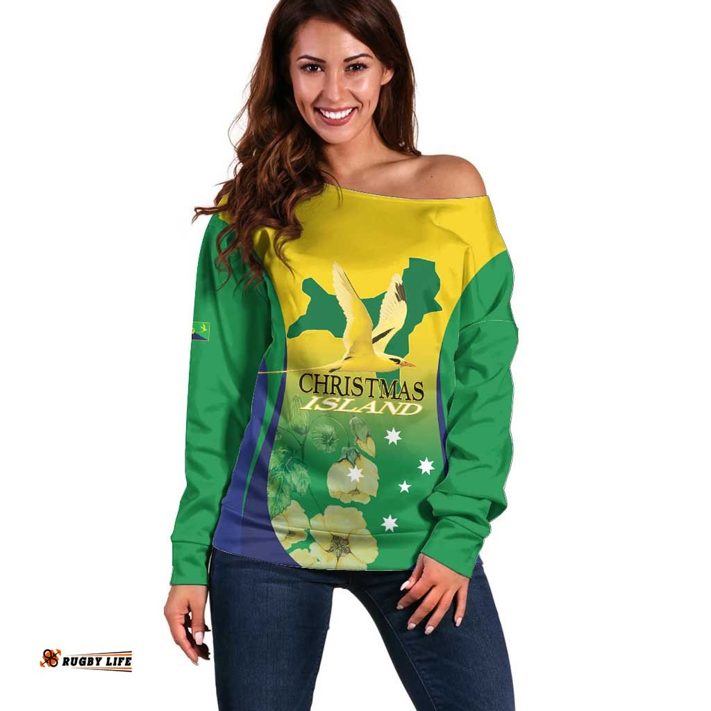 Personalised Australia Christmas Island Off Shoulder Sweater Golden Bosun Abutilon listeri With Map LT14