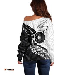 Personalised Aotearoa Lawn Bowls Off Shoulder Sweater Maori and Silver Fern Half Style LT03