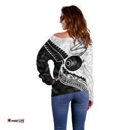 Personalised Aotearoa Lawn Bowls Off Shoulder Sweater Maori and Silver Fern Half Style LT03