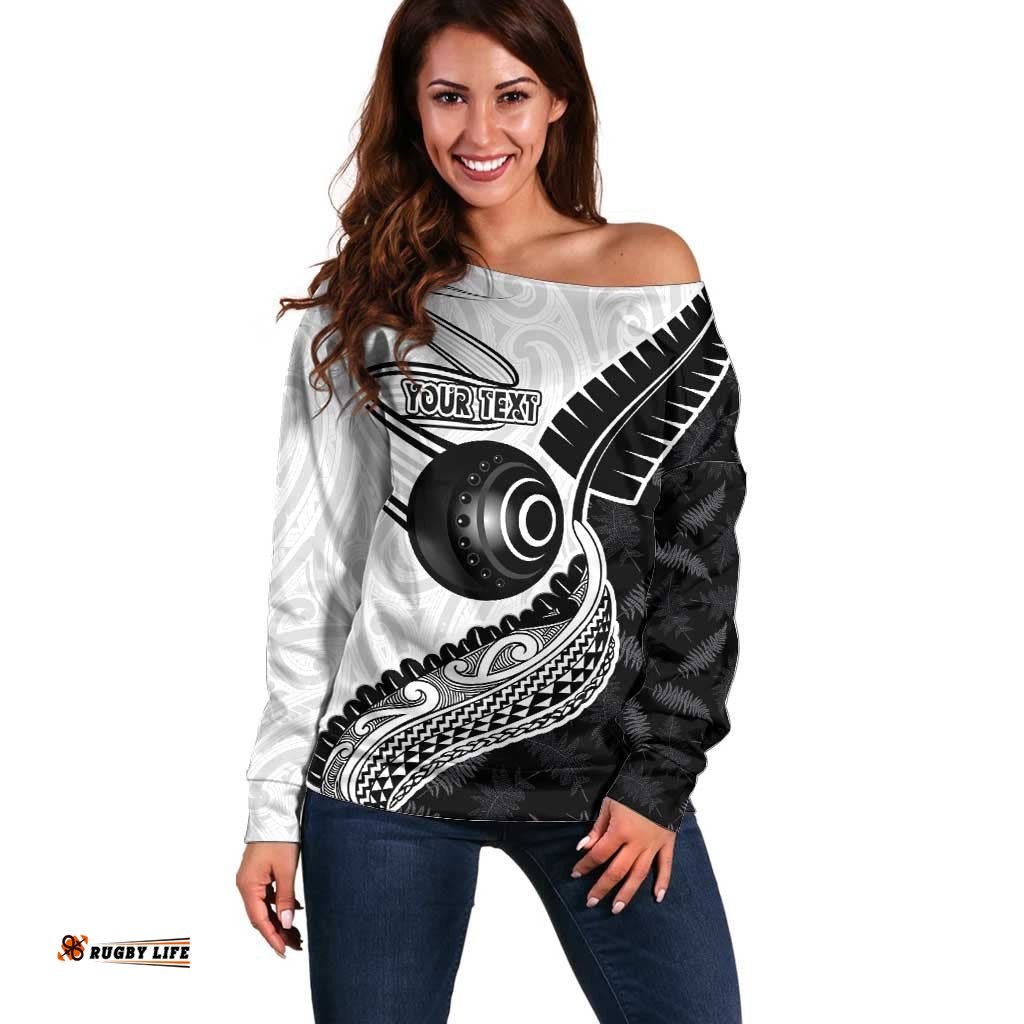 Personalised Aotearoa Lawn Bowls Off Shoulder Sweater Maori and Silver Fern Half Style LT03