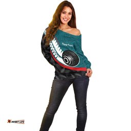 Personalised Aotearoa Lawn Bowls Off Shoulder Sweater Maori and Silver Fern Sporty Style Teal Color LT03