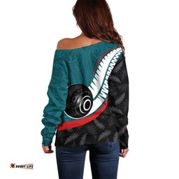 Personalised Aotearoa Lawn Bowls Off Shoulder Sweater Maori and Silver Fern Sporty Style Teal Color LT03