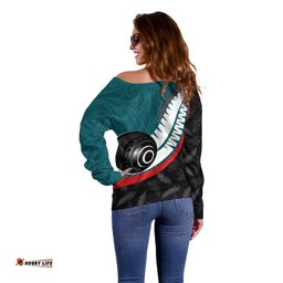 Personalised Aotearoa Lawn Bowls Off Shoulder Sweater Maori and Silver Fern Sporty Style Teal Color LT03