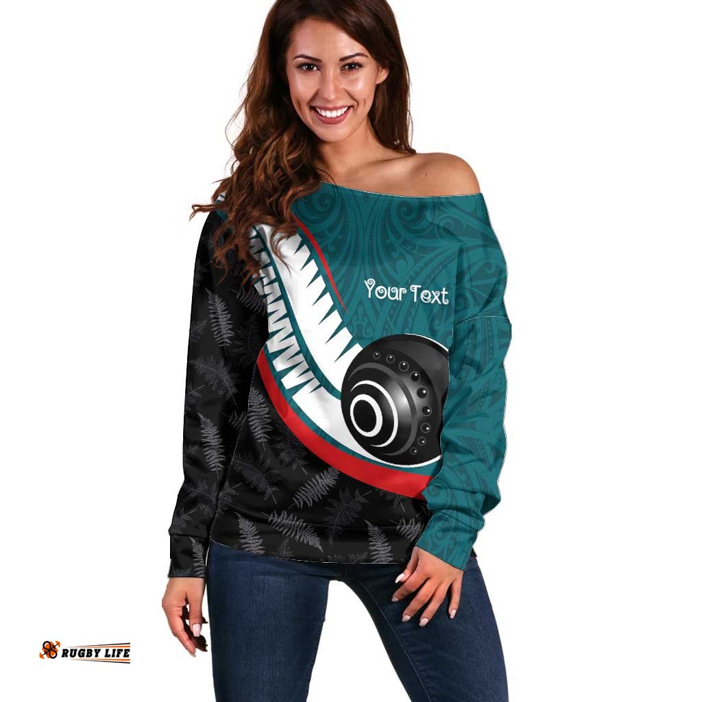 Personalised Aotearoa Lawn Bowls Off Shoulder Sweater Maori and Silver Fern Sporty Style Teal Color LT03