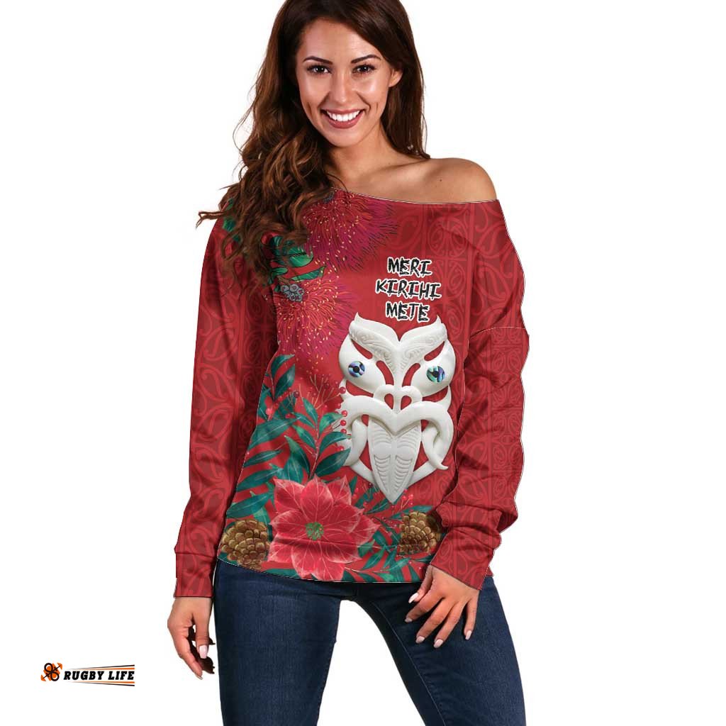 Maori Wheku Meri Kirihimete Personalised Off Shoulder Sweater All Red Indigenous Maori Motif LT9