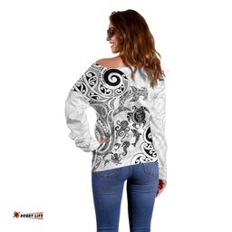 New Zealand Sea Animals with Maori Tribal Tattoo Off Shoulder Sweater White Color LT03
