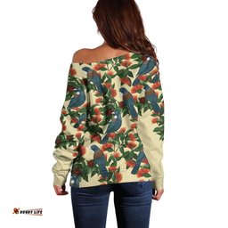 New Zealand Christmas Off Shoulder Sweater Romantic Tui Birds on Pohutukawa - Ivory LT7