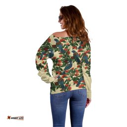 New Zealand Christmas Off Shoulder Sweater Romantic Tui Birds on Pohutukawa - Ivory LT7