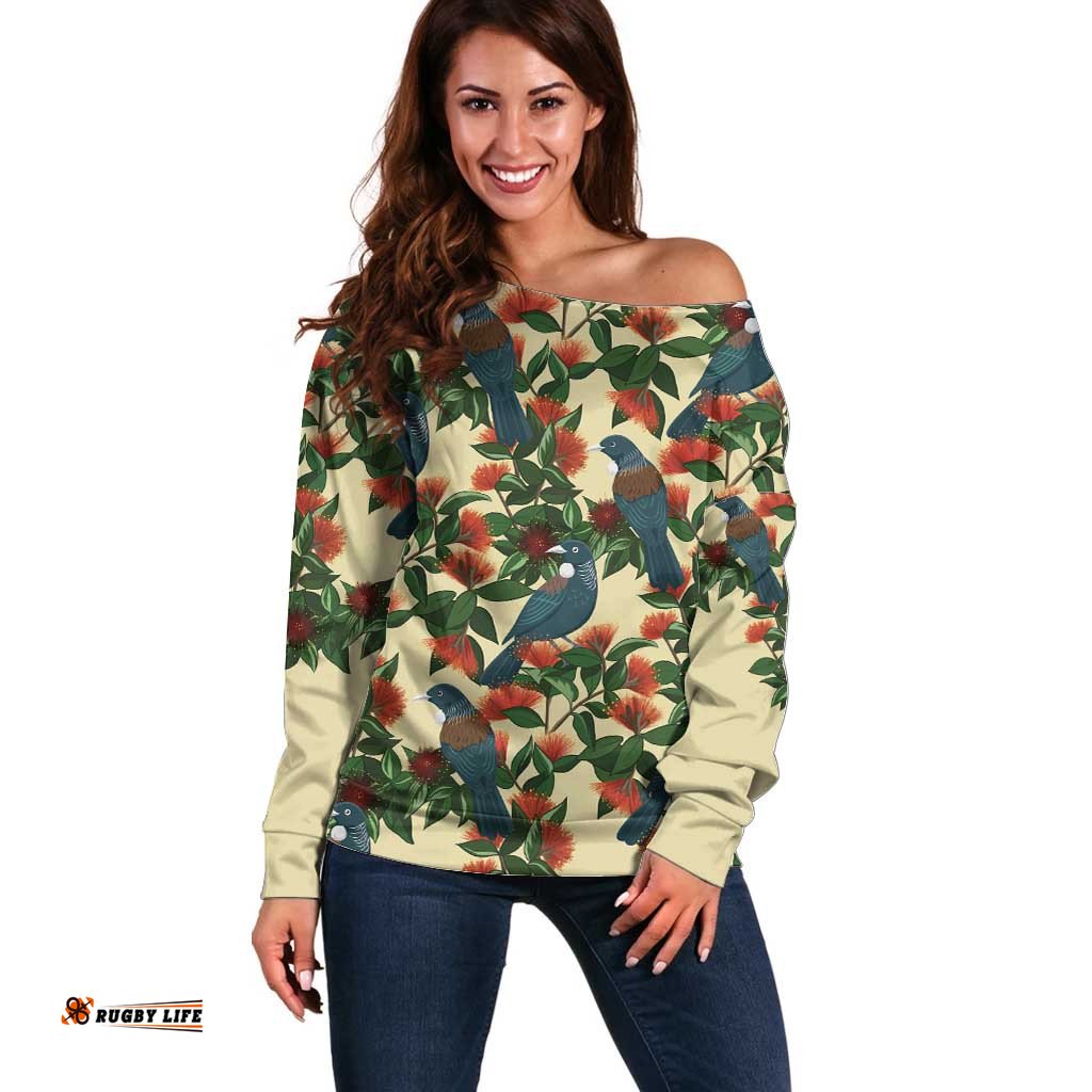 New Zealand Christmas Off Shoulder Sweater Romantic Tui Birds on Pohutukawa - Ivory LT7