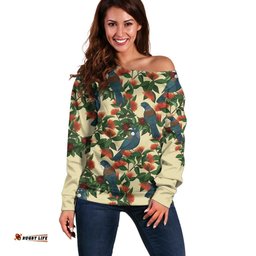 New Zealand Christmas Off Shoulder Sweater Romantic Tui Birds on Pohutukawa - Ivory LT7