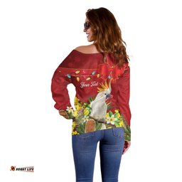 Personalised Australia Sulphur-crested Cockatoo Christmas Off Shoulder Sweater Aussie Native Flowers Merry Xmas LT14
