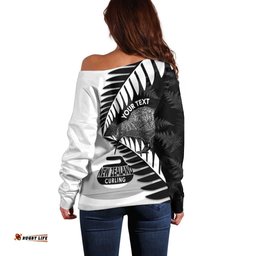 New Zealand Silver Fern Curling Personalised Off Shoulder Sweater Aotearoa Kiwi Ponga Black White Version LT14