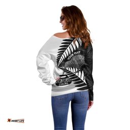 New Zealand Silver Fern Curling Personalised Off Shoulder Sweater Aotearoa Kiwi Ponga Black White Version LT14