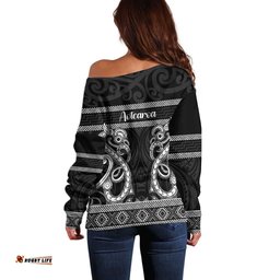 Kia Ora New Zealand Off Shoulder Sweater Maori Language Week Pango Taniko Motif LT14