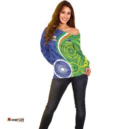 India Vs Australian Cricket Custom Off Shoulder Sweater Ashoka Chakra and Aboriginal Together LT9