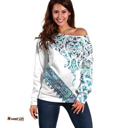 Kahui Whetu Paua shell Kowhaiwhai Taniko Personalised Off Shoulder Sweater Manta Ray Shark-Turtle Maori Tribal Style LT9