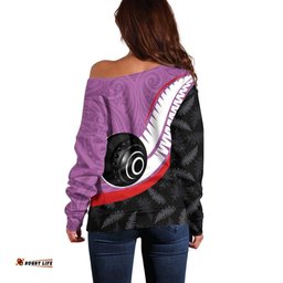 Personalised Aotearoa Lawn Bowls Off Shoulder Sweater Maori and Silver Fern Sporty Style Pink Color LT03