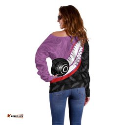 Personalised Aotearoa Lawn Bowls Off Shoulder Sweater Maori and Silver Fern Sporty Style Pink Color LT03