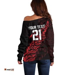 New Zealand Lawn Bowls Custom Off Shoulder Sweater Red Maori Warrior Tribal Silver Fern LT9