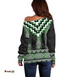 Green Taniko Pattern Aotearoa Off Shoulder Sweater Niho Taniwha Mix Poutama LT14