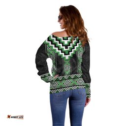 Green Taniko Pattern Aotearoa Off Shoulder Sweater Niho Taniwha Mix Poutama LT14