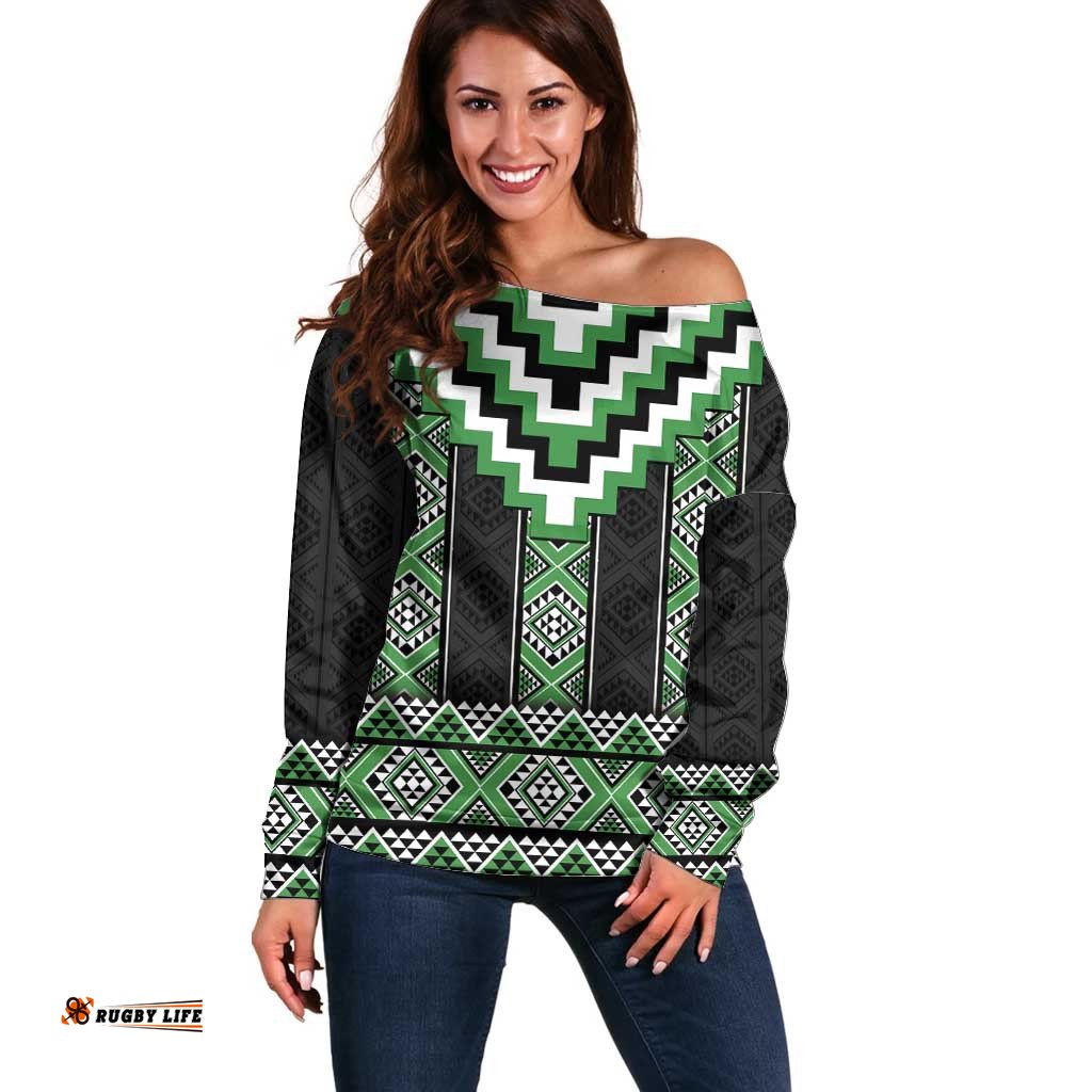 Green Taniko Pattern Aotearoa Off Shoulder Sweater Niho Taniwha Mix Poutama LT14