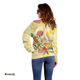 Birds and Floral Aussie Lorikeet Off Shoulder Sweater Pastel Yellow LT7