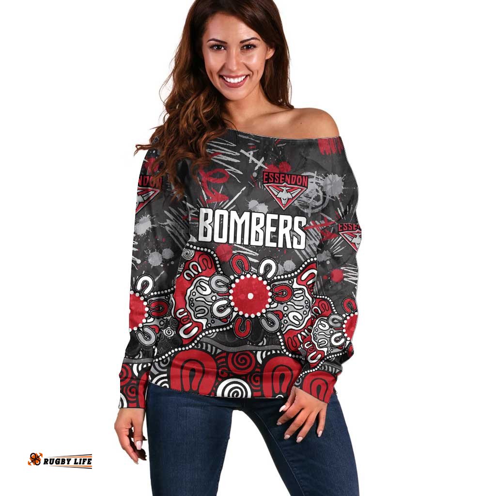 Personalized Essendon Bombers Off Shoulder Sweater Aboriginal Dot Painting Graffiti Style TS04