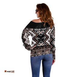 Personalised Taniko Motifs Aotearoa Off Shoulder Sweater Waitangi Kowhaiwhai Kiwi - Mocha LT7