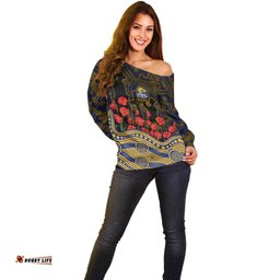 West Coast Eagles ANZAC Day Off Shoulder Sweater Indigenous Dot Art with Poppy Flower Tribute TS04