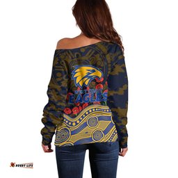 West Coast Eagles ANZAC Day Off Shoulder Sweater Indigenous Dot Art with Poppy Flower Tribute TS04