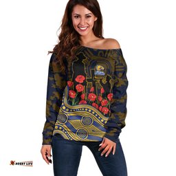 West Coast Eagles ANZAC Day Off Shoulder Sweater Indigenous Dot Art with Poppy Flower Tribute TS04
