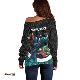 Personalised Valentine's Day New Zealand Off Shoulder Sweater Tui Bird Couple Kowhaiwhai Mix Pohutukawa LT14