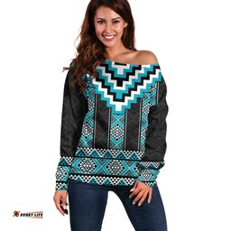 Turquoise Taniko Pattern Aotearoa Off Shoulder Sweater Niho Taniwha Mix Poutama LT14