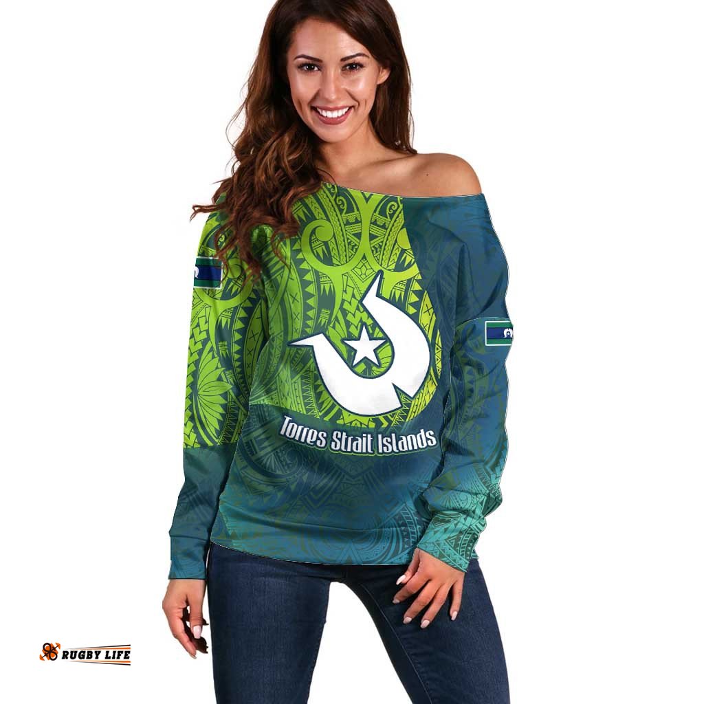 Torres Strait Islands Off Shoulder Sweater Vibrant Polynesian Tribal Pattern Art TS04
