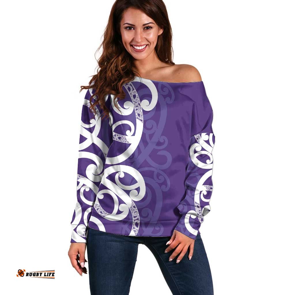 Violet Green Maori Off Shoulder Sweater Koru Kowhaiwhai LT7