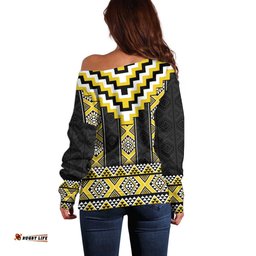 Yellow Taniko Aotearoa Off Shoulder Sweater Niho Taniwha Mix Poutama LT14