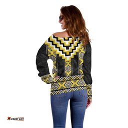 Yellow Taniko Aotearoa Off Shoulder Sweater Niho Taniwha Mix Poutama LT14