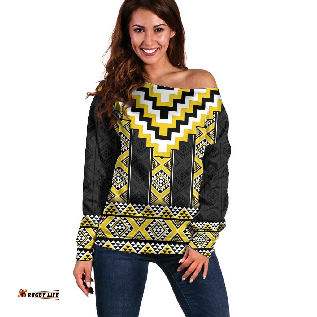 Yellow Taniko Aotearoa Off Shoulder Sweater Niho Taniwha Mix Poutama LT14