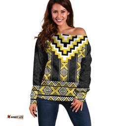 Yellow Taniko Aotearoa Off Shoulder Sweater Niho Taniwha Mix Poutama LT14