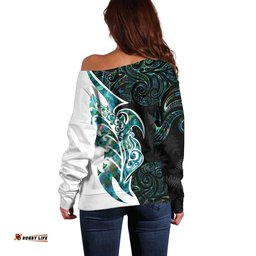 Proud Aotearoa Off Shoulder Sweater Maori Silver Fern Mix Paua Shell Pattern LT14
