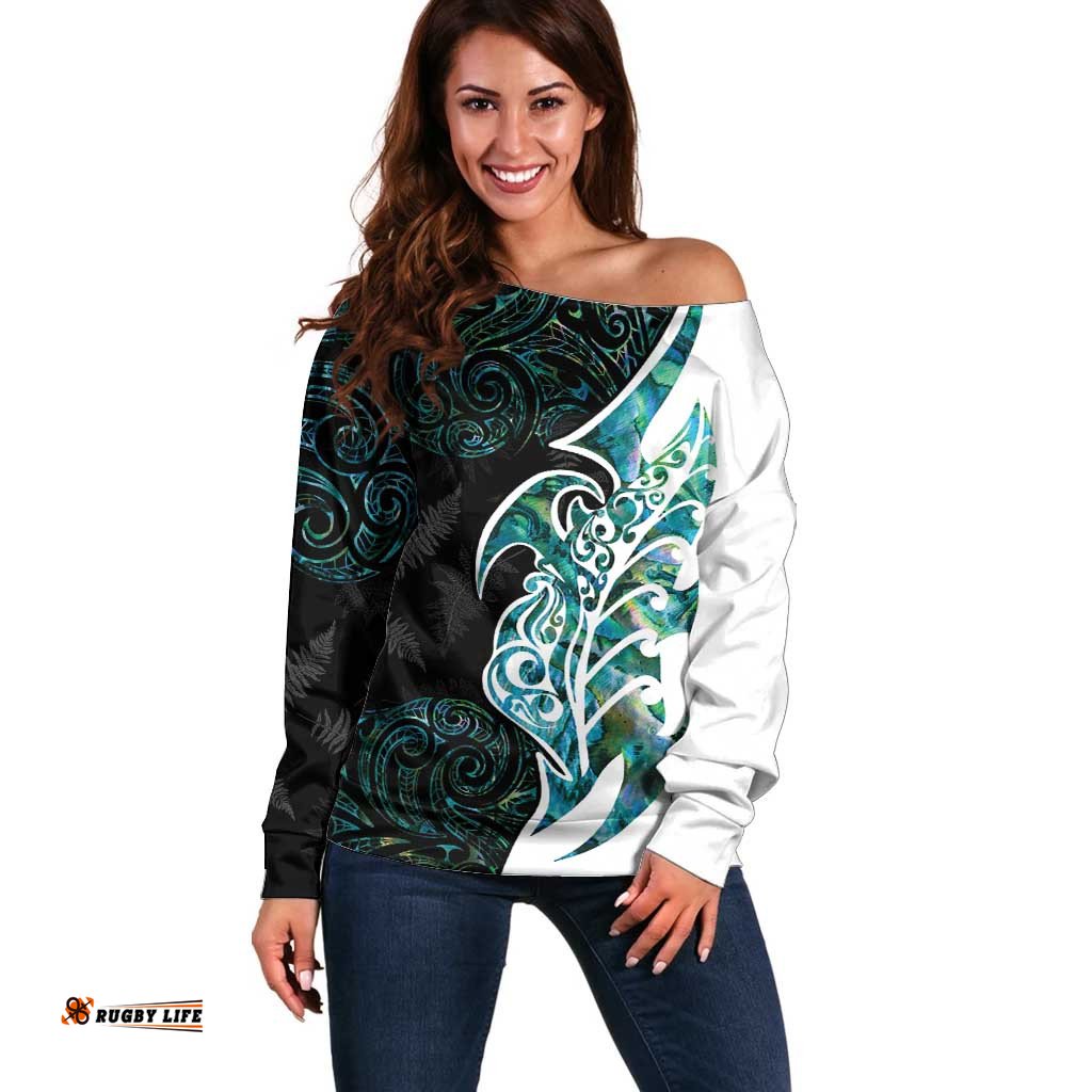 Proud Aotearoa Off Shoulder Sweater Maori Silver Fern Mix Paua Shell Pattern LT14