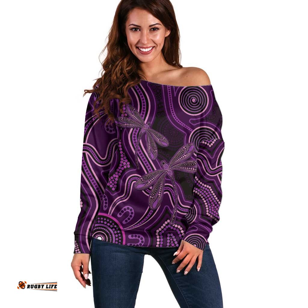 Purple Indigenous Dragonfly Australia Off Shoulder Sweater Aboriginal Art LT14