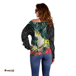 Sulphur-crested Cockatoo New Zealand Off Shoulder Sweater Paua Shell Aotearoa Maori Tropical Flowers LT14