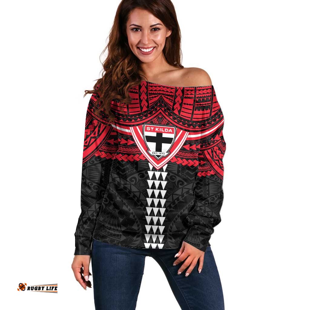 Personalized St Kilda Saints Off Shoulder Sweater Polynesian Tribal Pattern Heritage Football TS04