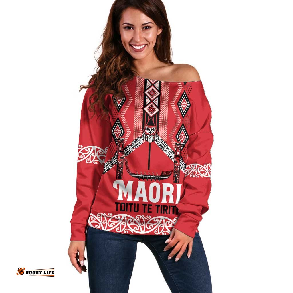 Toitu Te Tiriti Waitangi Off Shoulder Sweater Red Wharenui House LT9