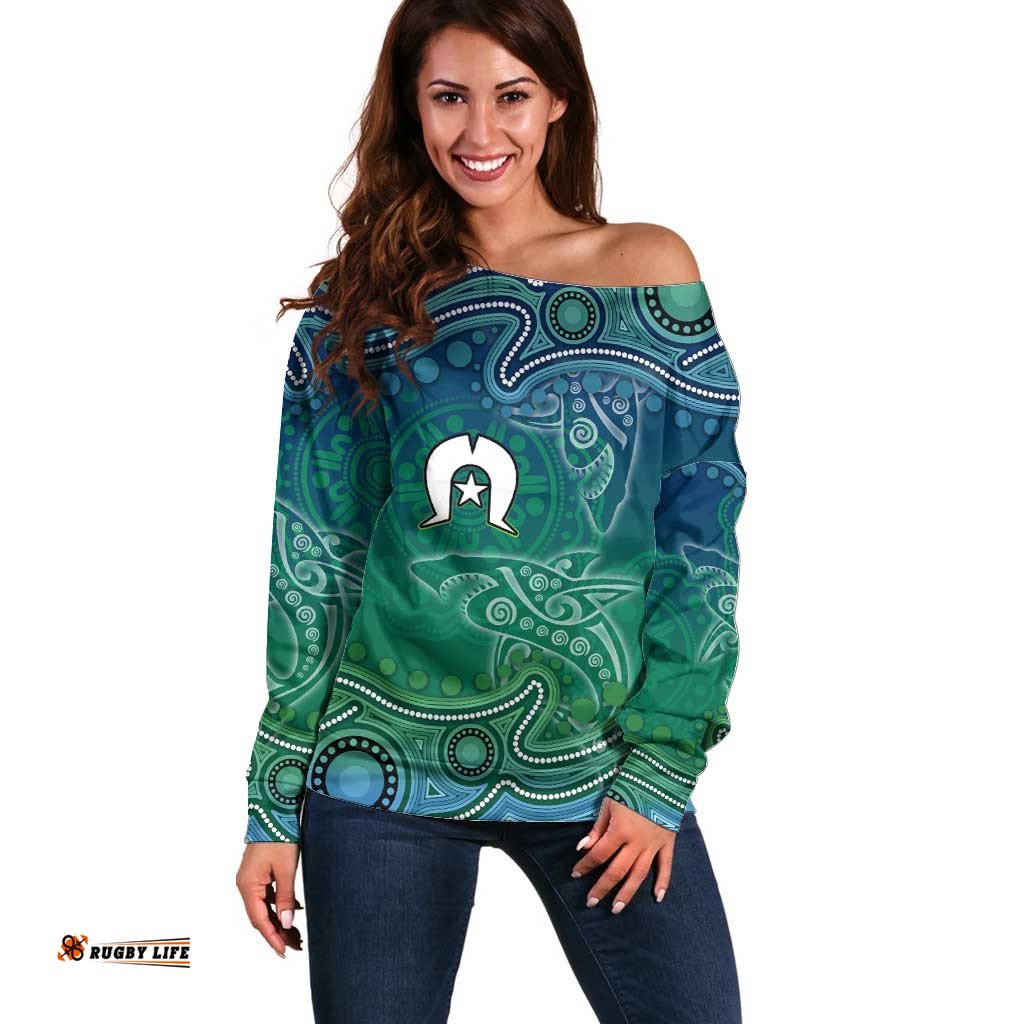 Torres Strait Islands Off Shoulder Sweater Shark Indigenous Australian Tribal Dot Art TS04