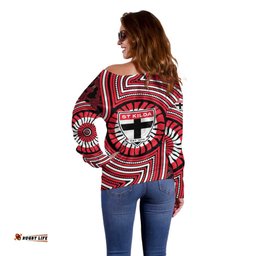 St Kilda Football Club Off Shoulder Sweater Indigenous Monochrome Dot Art Mascot Style TS04